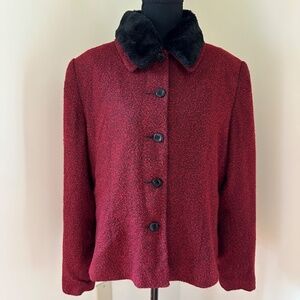 **KAREN SCOTT* Red x Black Long Sleeve Button Down Fur Collar Jacket Size 16